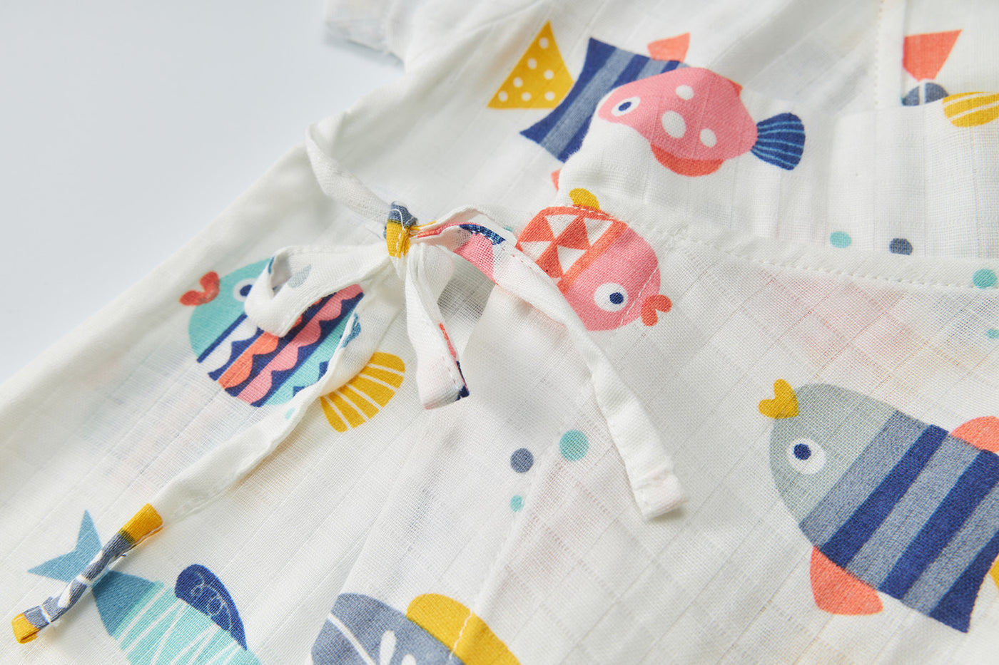 Baby Breathable Cotton Gauze Fabric Kimono Romper White w Fishes - Little Kooma