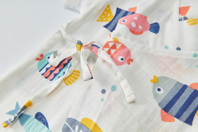 Baby Breathable Cotton Gauze Fabric Kimono Romper White w Fishes - Little Kooma