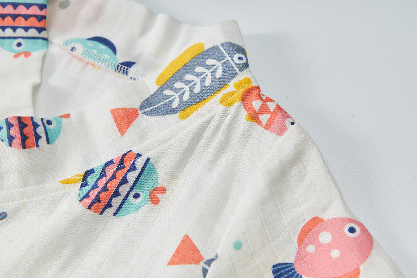 Baby Breathable Cotton Gauze Fabric Kimono Romper White w Fishes - Little Kooma