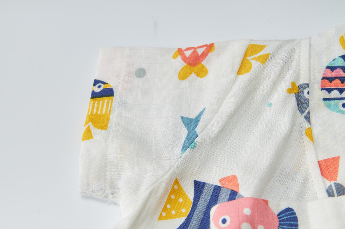 Baby Breathable Cotton Gauze Fabric Kimono Romper White w Fishes - Little Kooma