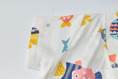 Baby Breathable Cotton Gauze Fabric Kimono Romper White w Fishes - Little Kooma