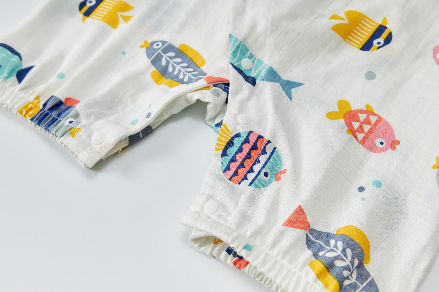 Baby Breathable Cotton Gauze Fabric Kimono Romper White w Fishes - Little Kooma