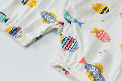 Baby Breathable Cotton Gauze Fabric Kimono Romper White w Fishes - Little Kooma