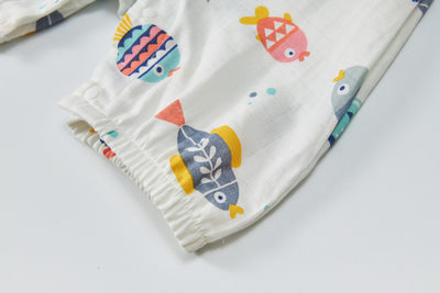 Baby Breathable Cotton Gauze Fabric Kimono Romper White w Fishes - Little Kooma