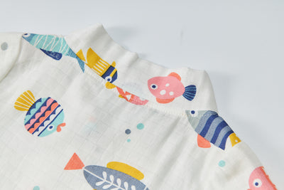 Baby Breathable Cotton Gauze Fabric Kimono Romper White w Fishes - Little Kooma