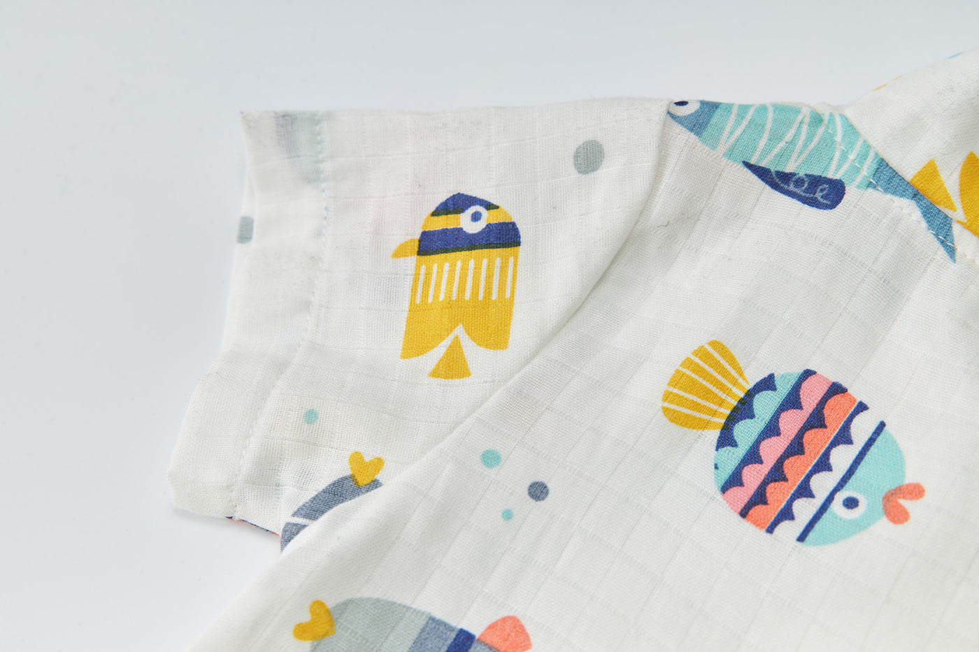 Baby Breathable Cotton Gauze Fabric Kimono Romper White w Fishes - Little Kooma