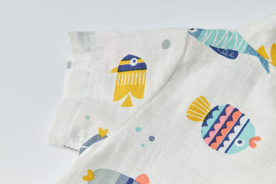 Baby Breathable Cotton Gauze Fabric Kimono Romper White w Fishes - Little Kooma