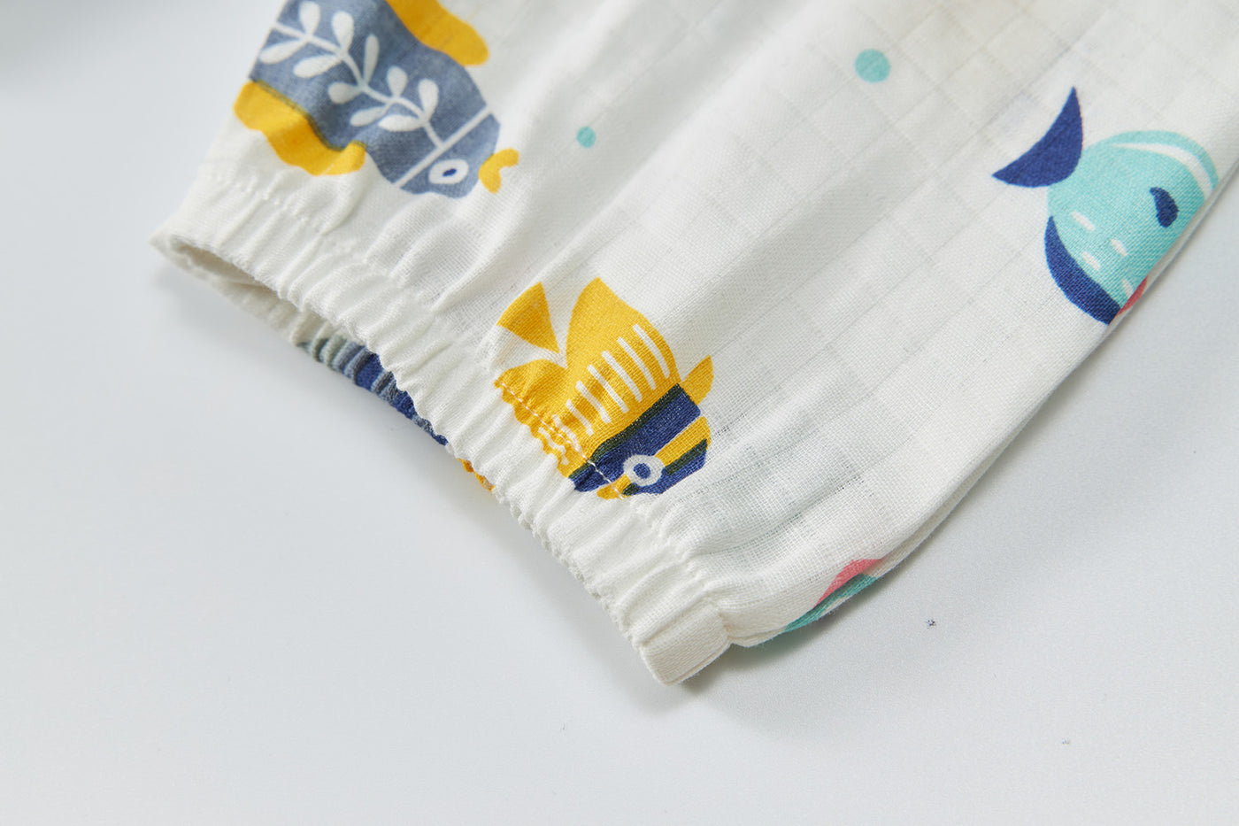 Baby Breathable Cotton Gauze Fabric Kimono Romper White w Fishes - Little Kooma