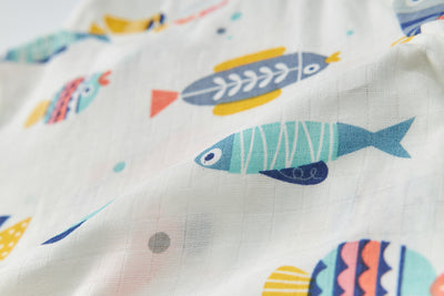 Baby Breathable Cotton Gauze Fabric Kimono Romper White w Fishes - Little Kooma