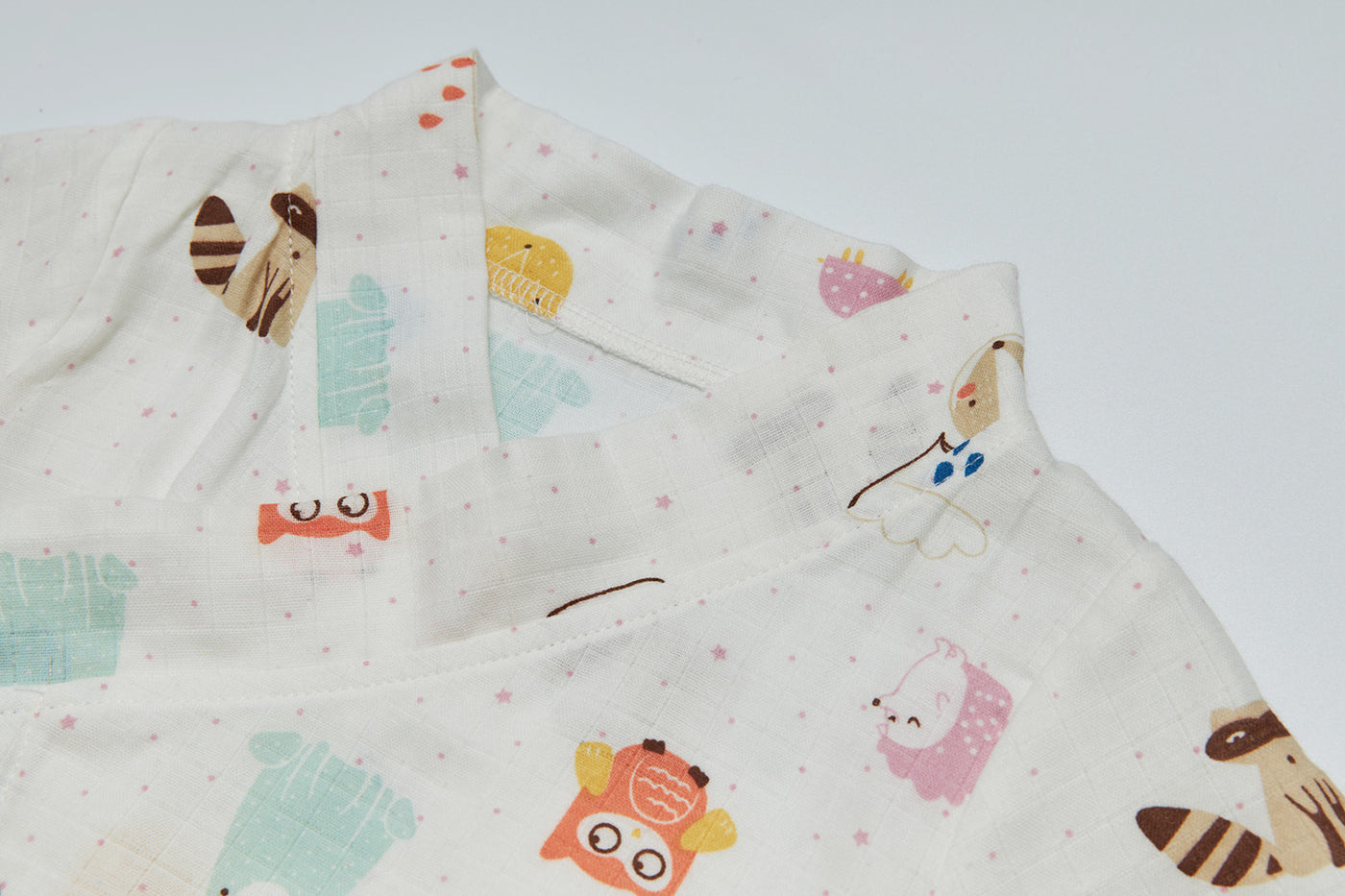 Baby Breathable Cotton Gauze Fabric Kimono Romper White w Animals - Little Kooma