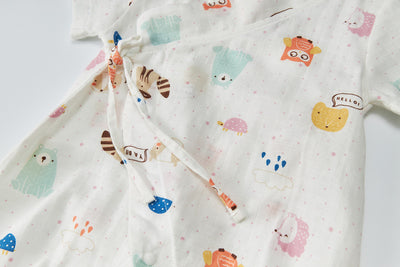 Baby Breathable Cotton Gauze Fabric Kimono Romper White w Animals - Little Kooma