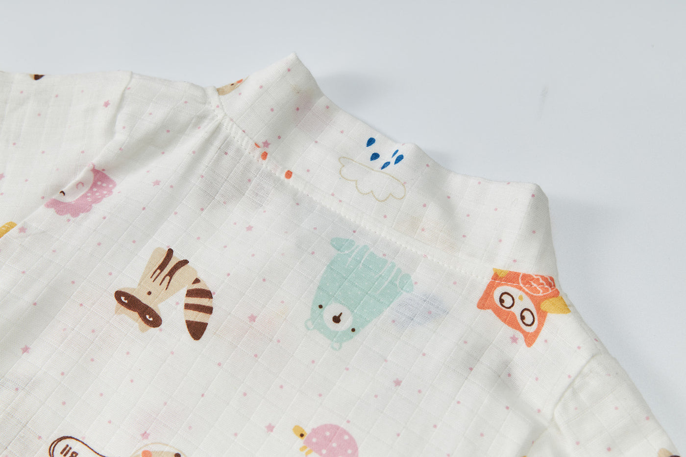 Baby Breathable Cotton Gauze Fabric Kimono Romper White w Animals - Little Kooma