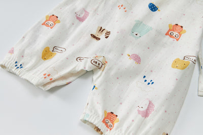 Baby Breathable Cotton Gauze Fabric Kimono Romper White w Animals - Little Kooma