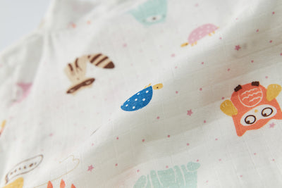 Baby Breathable Cotton Gauze Fabric Kimono Romper White w Animals - Little Kooma