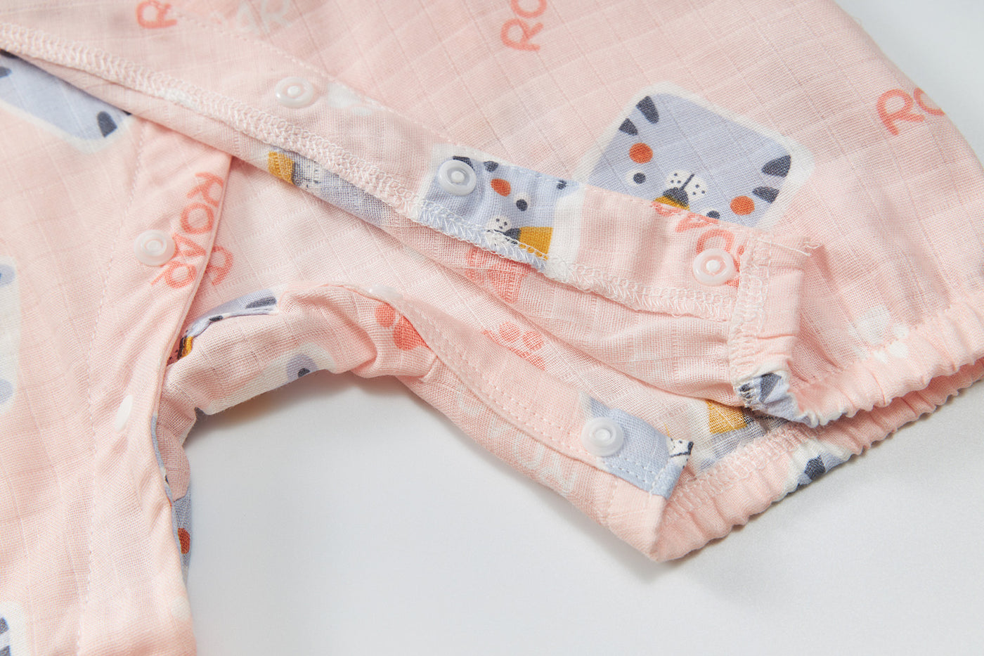 Baby Breathable Cotton Gauze Fabric Kimono Romper Pink w Cats - Little Kooma