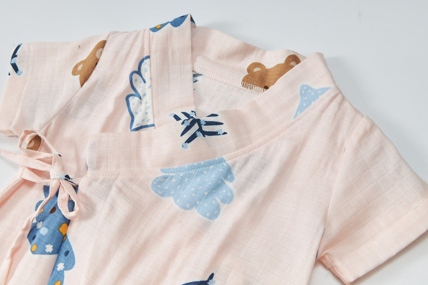 Baby Breathable Cotton Gauze Fabric Kimono Romper Pink w Bears n Trees - Little Kooma
