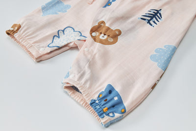 Baby Breathable Cotton Gauze Fabric Kimono Romper Pink w Bears n Trees - Little Kooma