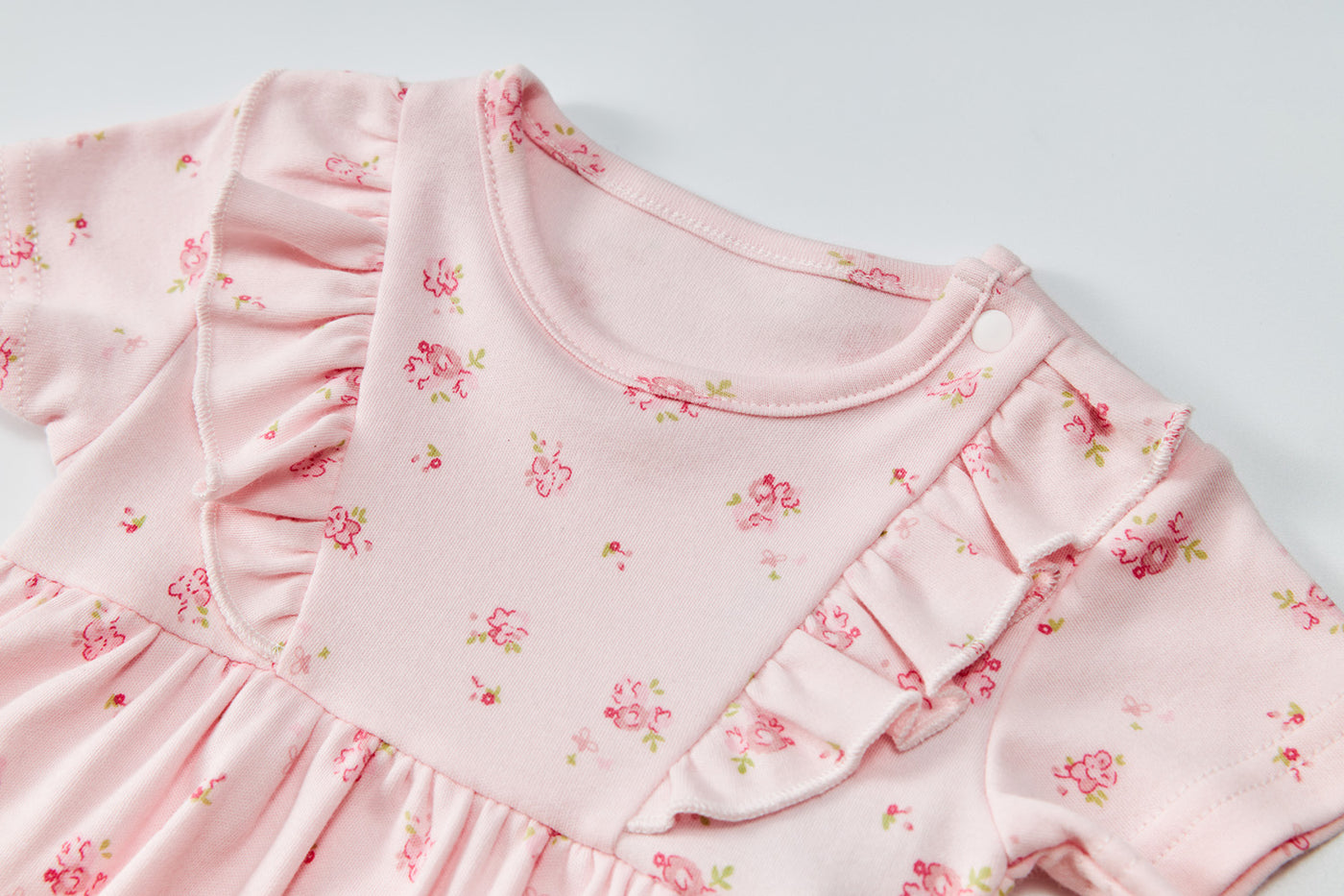 Baby Girl Short Sleeves Ruffled Bodysuit Dress Pink w Roses - Little Kooma