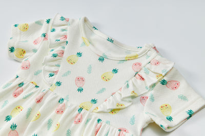 Baby Girl Short Sleeves Ruffled Bodysuit Dress White w Pineapples - Little Kooma