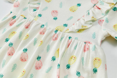 Baby Girl Short Sleeves Ruffled Bodysuit Dress White w Pineapples - Little Kooma