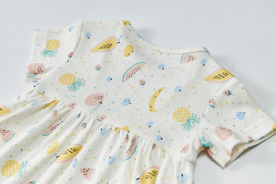 Baby Girl Short Sleeves Ruffled Bodysuit Dress White w Fruits - Little Kooma