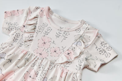 Baby Girl Short Sleeves Ruffled Bodysuit Dress Light Pink w Butterflies n Flowers - Little Kooma