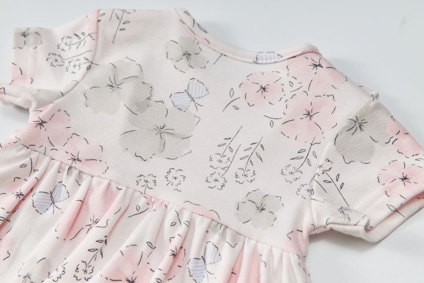 Baby Girl Short Sleeves Ruffled Bodysuit Dress Light Pink w Butterflies n Flowers - Little Kooma