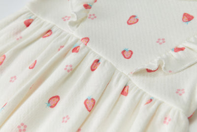 Baby Girl Short Sleeves Ruffled Bodysuit Dress White w Strawberries - Little Kooma