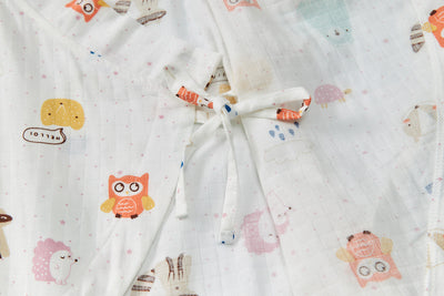 Baby Breathable Cotton Gauze Fabric Kimono Romper White w Animals - Little Kooma