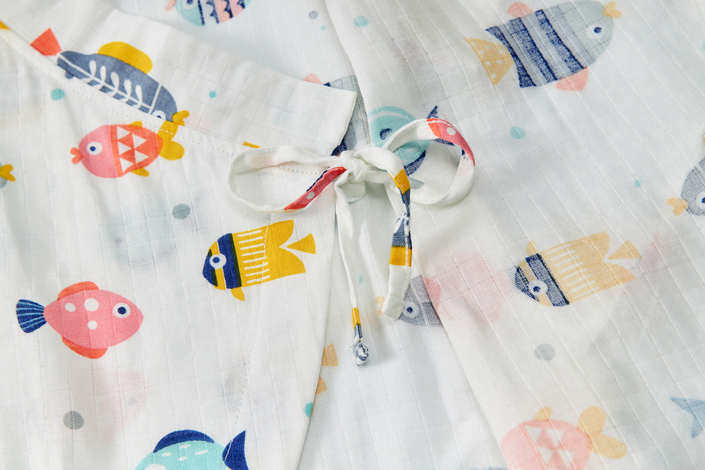 Baby Breathable Cotton Gauze Fabric Kimono Romper White w Fishes - Little Kooma