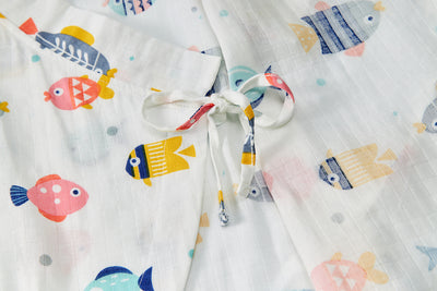 Baby Breathable Cotton Gauze Fabric Kimono Romper White w Fishes - Little Kooma