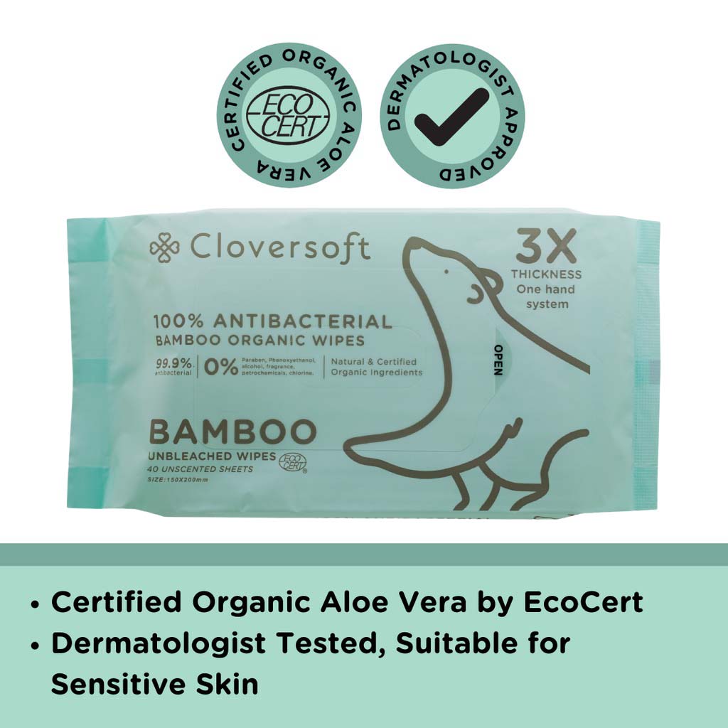 Cloversoft Antibacterial Organic Baby Wipes Made of Unbleached Bamboo - 40 sheets - Little Kooma