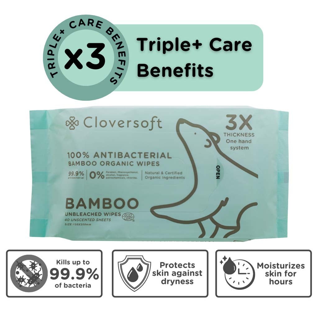 Cloversoft Antibacterial Organic Baby Wipes Made of Unbleached Bamboo - 40 sheets - Little Kooma