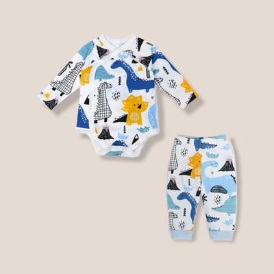 Baby Blue Dinosaur Long Sleeve Kimono Bodysuit n Pants Set Boneless Sewing - Little Kooma