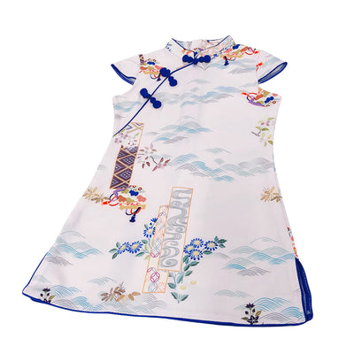B02 Kids Girls Lotus Flowers Crane Auspicious Clouds Cheongsam Dress Cap Sleeves CNY Chinese New Year Outfit - Little Kooma