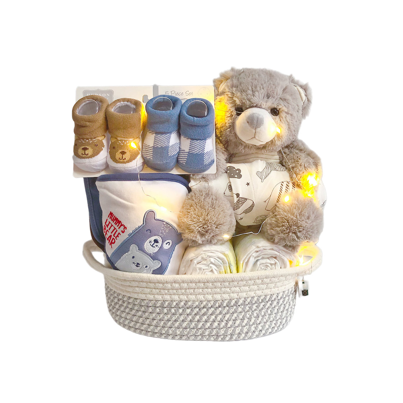 New Born Baby Boy LED Light Diaper Layette Toy Receiving Blanket Romper Bear Gift Hamper - Little Kooma