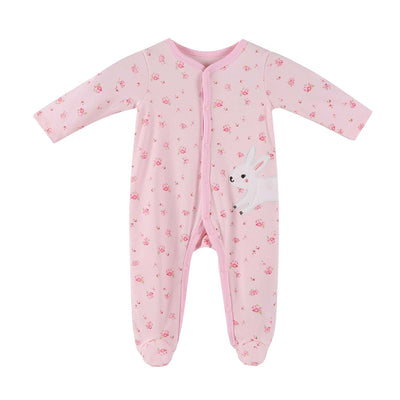 Baby Embroidered White Bunny Pink Rose Button Sleepsuit All In One Jumpsuit - Little Kooma