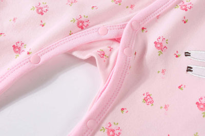 Baby Embroidered White Bunny Pink Rose Button Sleepsuit All In One Jumpsuit - Little Kooma