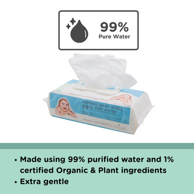 Cloversoft Organic Baby Wipes, Oral Safe, Unbleached Bamboo Pure Water, 70 sheets per pack - Little Kooma