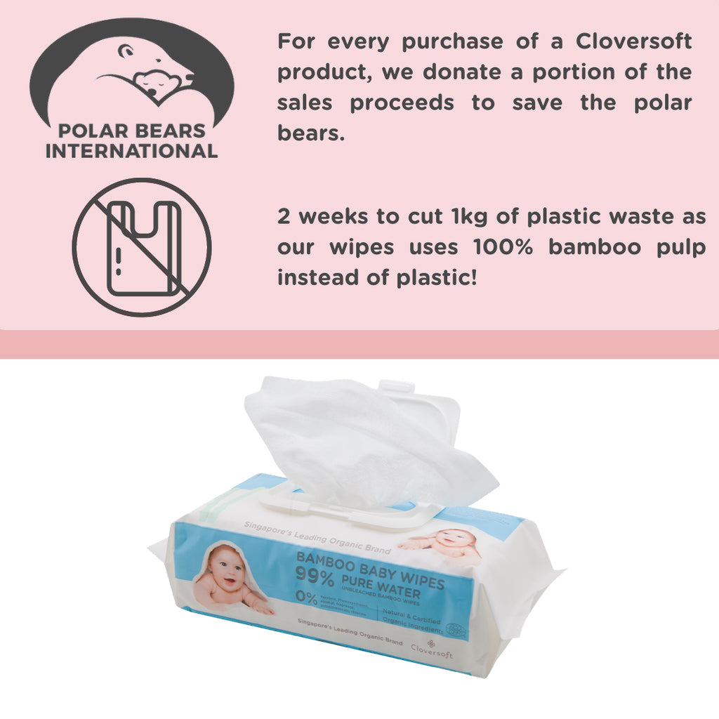 Cloversoft Organic Baby Wipes, Oral Safe, Unbleached Bamboo Pure Water, 70 sheets per pack - Little Kooma
