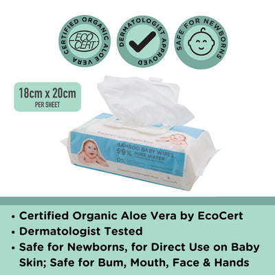 Cloversoft Organic Baby Wipes, Oral Safe, Unbleached Bamboo Pure Water, 70 sheets per pack - Little Kooma