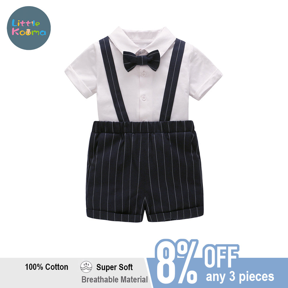 Baby Boy Suspender Suit Set White Top w Striped Black Shorts - Little Kooma