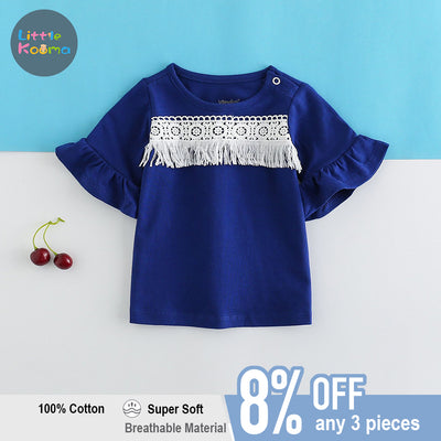 Baby Girl Ruffled Sleeves Blue Top w White Lace n Tassels - Little Kooma