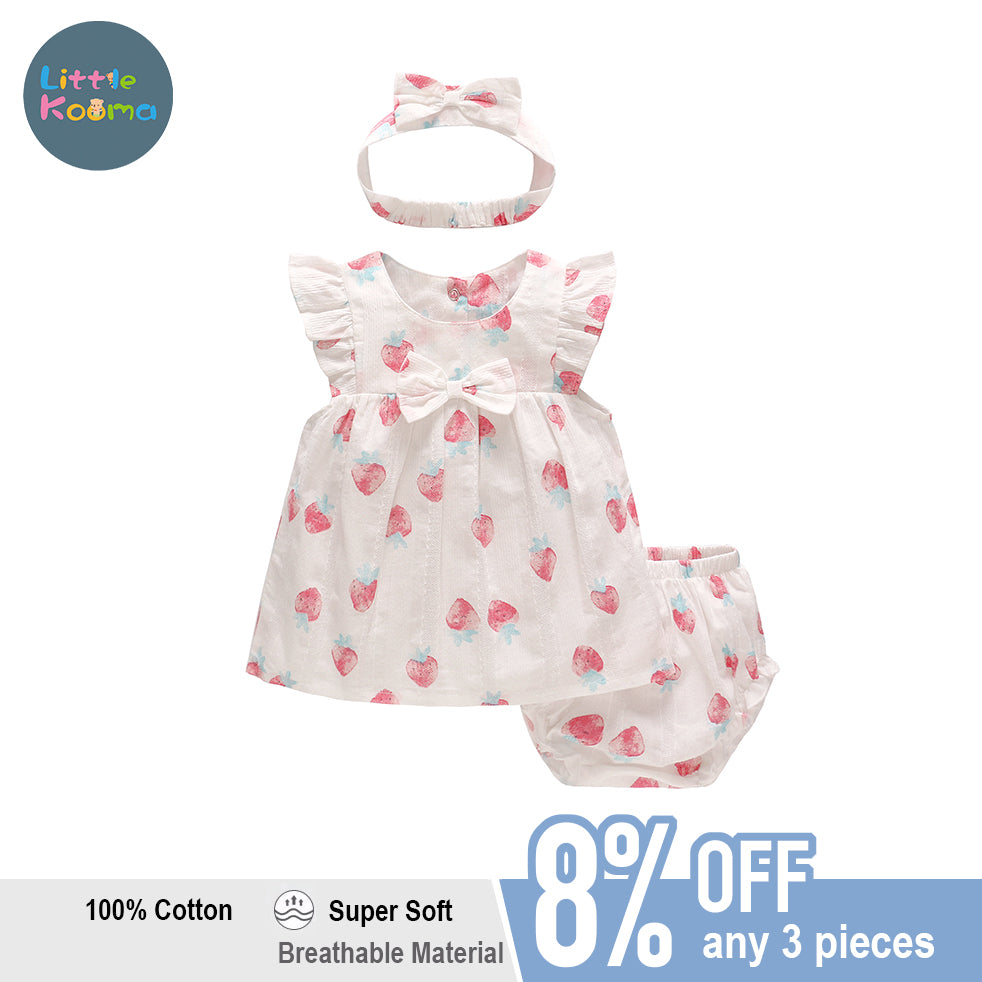 Baby Girl Strawberry Dress n Knicker n Headwrap 3 Piece Set - Little Kooma
