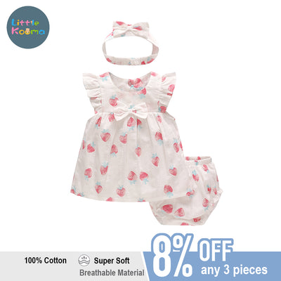 Baby Girl Strawberry Dress n Knicker n Headwrap 3 Piece Set - Little Kooma
