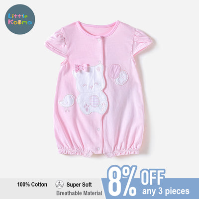 Baby Girl Pink Romper w Cat Bird Balloon - Little Kooma