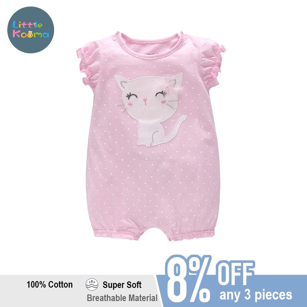 Baby Girl Pink Romper w White Dots n Cat - Little Kooma