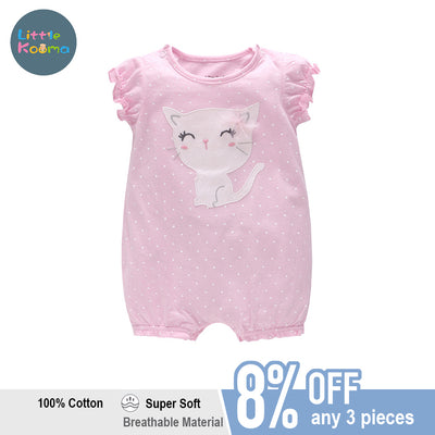 Baby Girl Pink Romper w White Dots n Cat - Little Kooma
