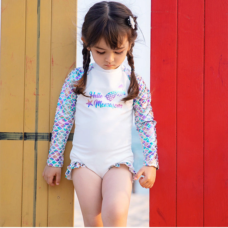 Baby Kids Girl's Mermaid One Piece Long Sleeves Swimming Suit n Free Cap 907060 - Little Kooma