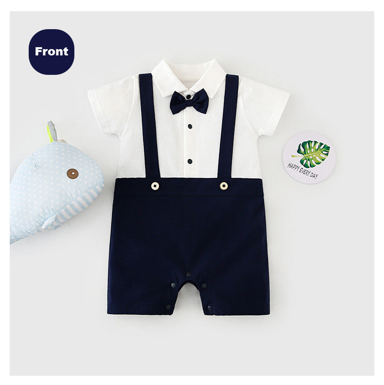 Baby Boy Fake Two Piece Suspender Suit Romper w Bow - Little Kooma